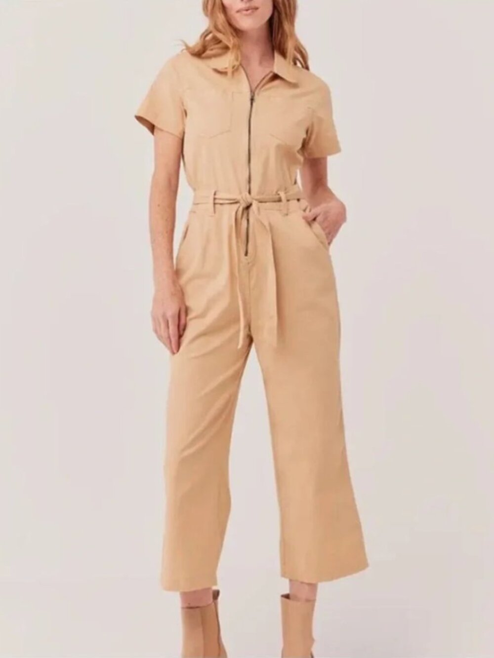 Pact Boulevard Short Sleeve Cotton Zip Front Stretch Jumpsuit Tan Pockets, XS